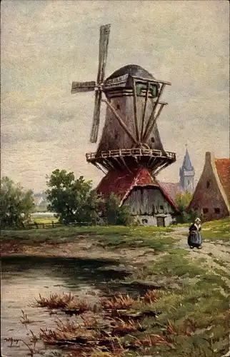 Künstler Ak Hoy, W., Windmühle I., Kirchturm, Flussufer