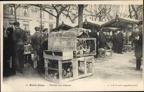 Ak Paris, Paris Vecu, Le Marché aux Oiseaux, cages, visiteurs