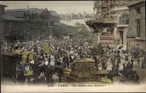 Ak Paris I., Un matin aux Halles, Markthalle, Litfaßsäule, Dufaye