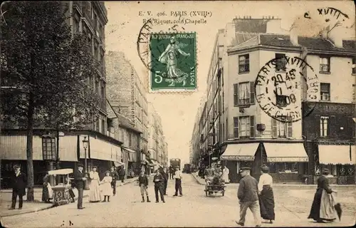 Ak Paris XVIII, Rue Riquet, Coin Chapelle, Straßenpartie, Geschäfte