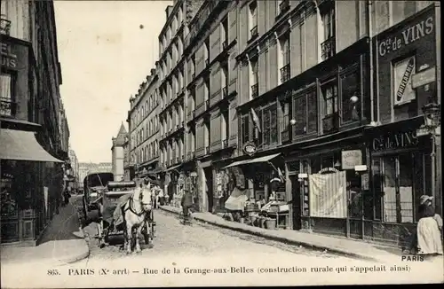 Ak Paris X, Rue de la Grange aux Belles, Geschäfte, Pferdefuhrwerk