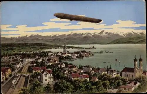 Ak Friedrichshafen am Bodensee, Gesamtansicht, Zeppelin