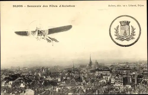 Wappen Ak Dijon Côte d'Or, Souvenir des Fetes d'Aviation, Fluggerät, Flugzeug, Stadtansicht