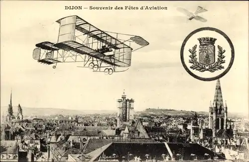Wappen Ak Dijon Côte d'Or, Souvenir des Fetes d'Aviation, Fluggerät, Doppeldecker, Stadtansicht
