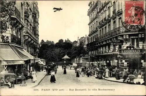 Ak Paris XVI., Rue Donizetti, la villa Montmorency, Cacao Bensdorp, Epicerie A. Godfrain, Flugzeug