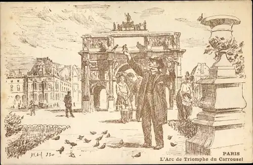 Künstler Ak Paris VIII. Arrondissement Élysee, Le Charmeur d'Oiseaux, L'Arc de Triomphe du Carrousel