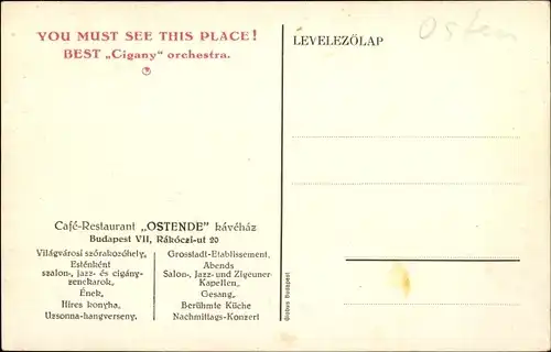 Ak Budapest Ungarn, Cafe Restaurant Ostende, Rakoczu ut 20, Innenansicht