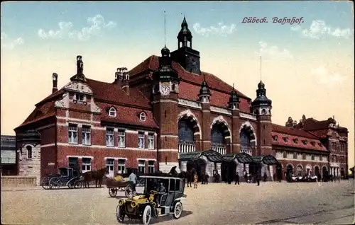 Ak Hansestadt Lübeck, Bahnhof, Automobil