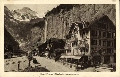 Ak Lauterbrunnen Kt Bern, Hotel Pension Oberland, Wasserfall