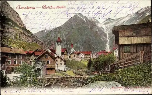 Ak Göschenen Kanton Uri, Blick auf den Ort, Gebirge, Gotthardbahn