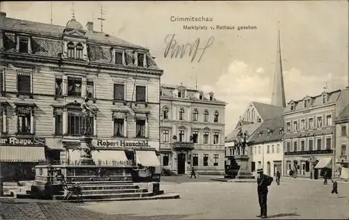 Ak Crimmitschau in Sachsen, Marktplatz vom Rathaus gesehen, Geschäft Robert Hauschild