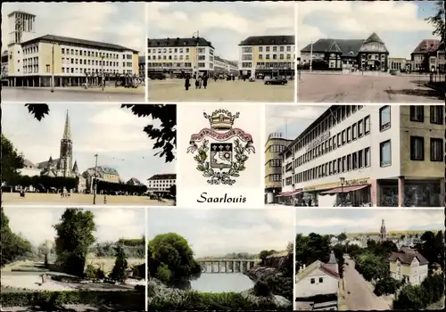 Ak Saarlouis im Saarland, Detailansichten, Wappen, Geschäfte, Brücke