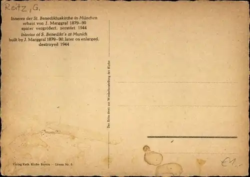 Künstler Ak Reitz, G., München, Inneres der St. Benediktuskirche, Kriegszerstörung 1944 2. WK
