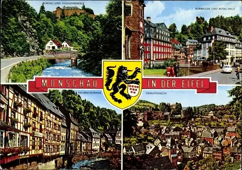 Ak Monschau Montjoie in der Eifel, Wappen, Gesamtansicht, Brücke, Rotes Haus, Eschbachstraße