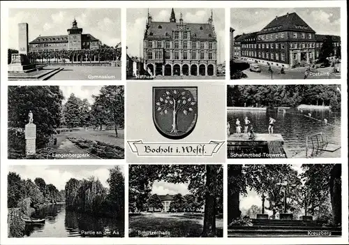 Ak Bocholt im Münsterland, Rathaus, Gymnasium, Postamt, Kreuzberg, Schützenhaus, Wappen