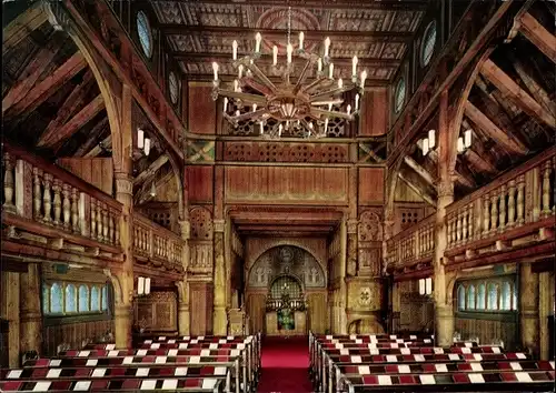 Ak Hahnenklee Bockswiese Goslar im Harz, Gustav Adolf Kirche, Nordische Stabholzkirche