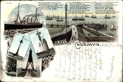 Litho Nordseebad Cuxhaven, Leuchtturm, Kugelbaake, Schiffdampfer