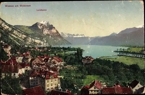Ak Weesen Kanton Sankt Gallen, Ortsansicht mit Walensee, Leistkamm