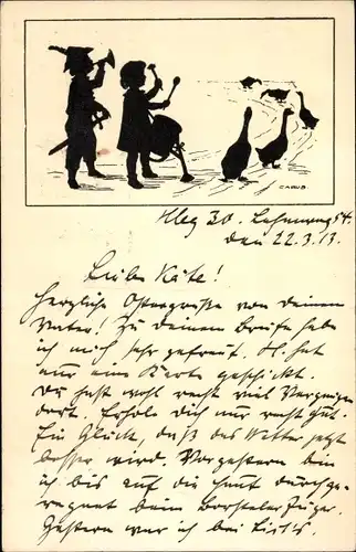 Scherenschnitt Künstler Ak Carus, Kinder, Trompeter, Gänse