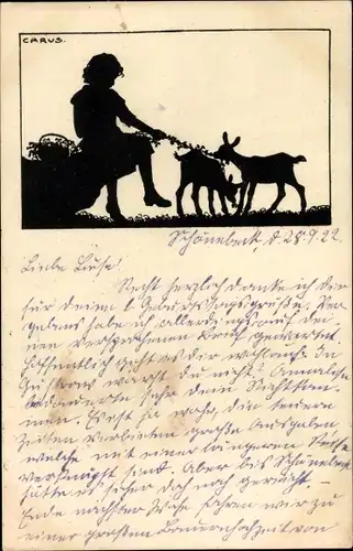 Scherenschnitt Künstler Ak Carus, Kind mit Ziegen