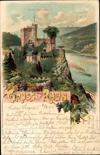 Künstler Litho Joost, R., Trechtingshausen am Rhein, Blick zum Schloss Rheinstein