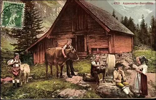 Ak Appenzeller Sennhütte, Familie in Tracht