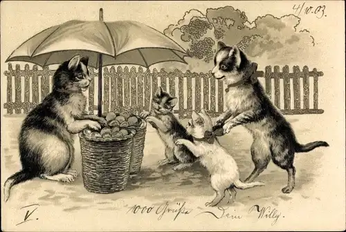 Litho Hauskatzen vermenschlicht, Verkäuferin, Katzenkinder, Kitsch