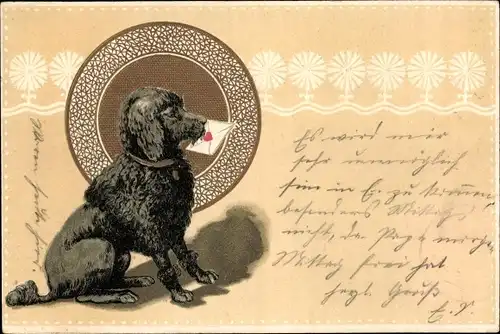 Präge Litho Schwarzer Pudel mit Brief im Maul
