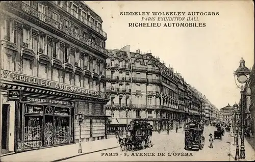 Ak Paris I Louvre, Avenue de l'Opéra, Richelieu Automobiles, Pferdeomnibusse, Kutschen