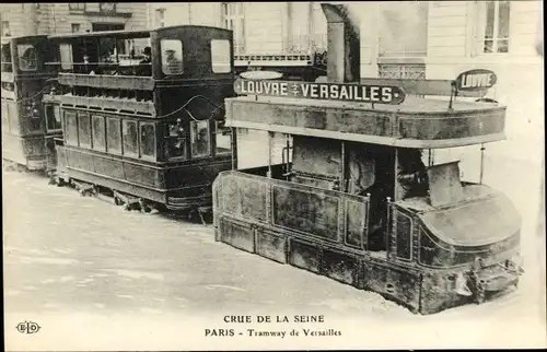 Ak Paris, Crue de la Seine, Tramway de Versailles, Straßenbahn bei Hochwasser, Dampfstraßenbahn