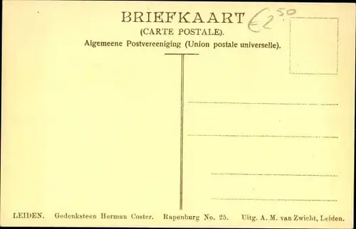 Ak Leiden Südholland Niederlande, Gedenksteen Herman Coster, Rapenburg No. 25