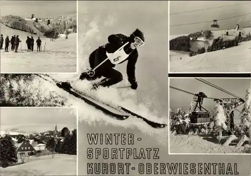 Ak Oberwiesenthal im Erzgebirge Sachsen, Skifahrer bei der Abfahrt, Seilbahn, Winteransicht