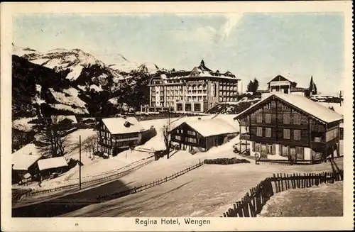 Ak Wengen Kanton Bern, Regina Hotel, Ortspartie im Winter