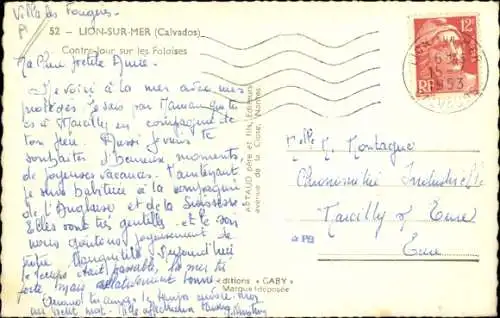 Ak Lion sur Mer Calvados, contre jour sur les Falaises, Strand, Boot