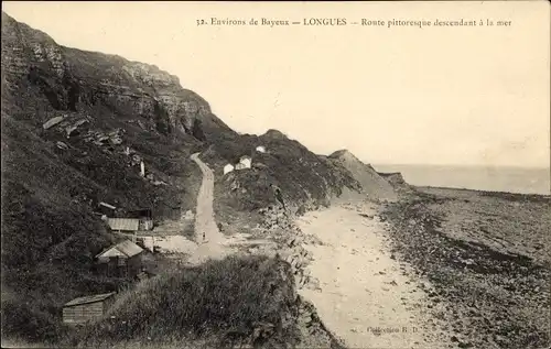 Ak Longues sur Mer Calvados, route pittoresque descendant à la mer