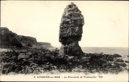 Ak Longues sur Mer Calvados, la Demoiselle de Fontensilles, Küstenpanorama