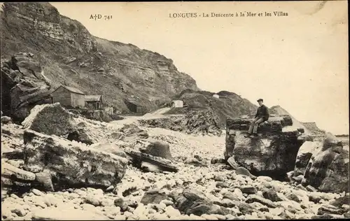 Ak Longues sur Mer Calvados, la Descente à la mer et les Villas, Felsküste