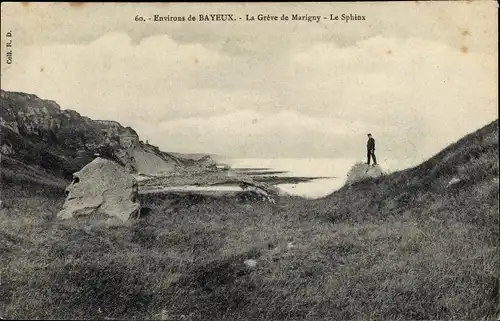 Ak Marigny Longues sur Mer Calvados, la Grève de Marigny, le Sphinx, Felsküste