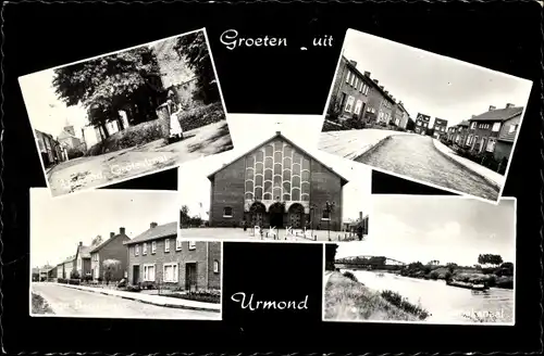 Ak Urmond Limburg, Grote Straat, BErgstraat, R. K. Kerk, Kanaal