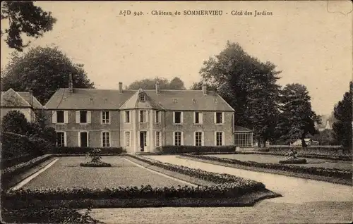 Ak Sommervieu Calvados, le Château, côté des jardins, Rabatten