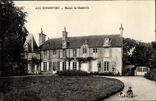 Ak Sommervieu Calvados, Manoir de Chedeville, Kind mit Hund