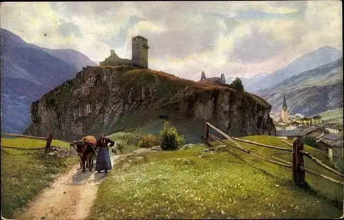 Ak Ardez Scuol Kanton Graubünden, Ruine Steinsberg, Bäuerin mit Ochsenkarren