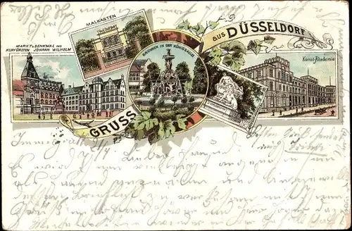 Litho Düsseldorf am Rhein, Kunstakademie, Malkasten, Denkmal, Brunnen