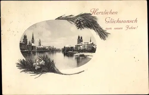 Passepartout Ak Zürich Stadt Schweiz, Stadtansicht mit See, Winter, Zweige