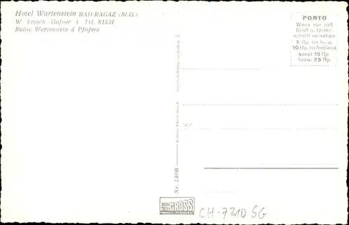 Ak Bad Ragaz Kanton St. Gallen, Hotel Wartenstein, Ruine, Pfäfers