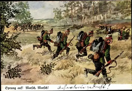 Künstler Ak Döbrich Steglitz, Sprung Auf, Marsch, Marsch Marsch, Deutsches Schützen Regiment