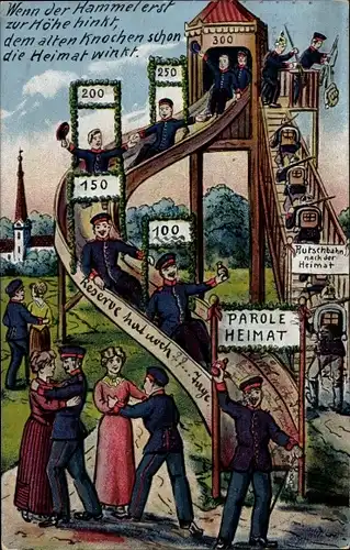 Ak Deutsche Soldaten, Reservisten, Rutsche, Parole Heimat, I.WK