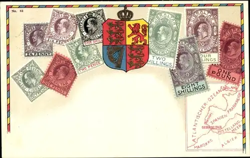 Briefmarken Wappen Litho Gibraltar, Landkarte, Penny, Pence, Shillings, Pound