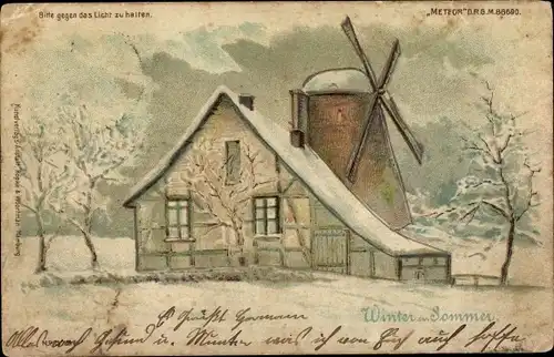 Halt gegen das Licht Präge Litho Windmühle, Winter und Sommer, Allegorie