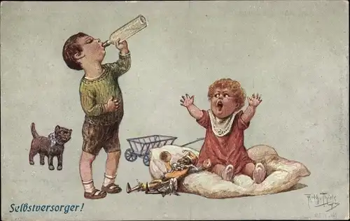 Künstler Ak Thiele, Arthur, SelbstversorgerJunge trinkt aus Milchflasche von Kleinkind, Puppe, Katze